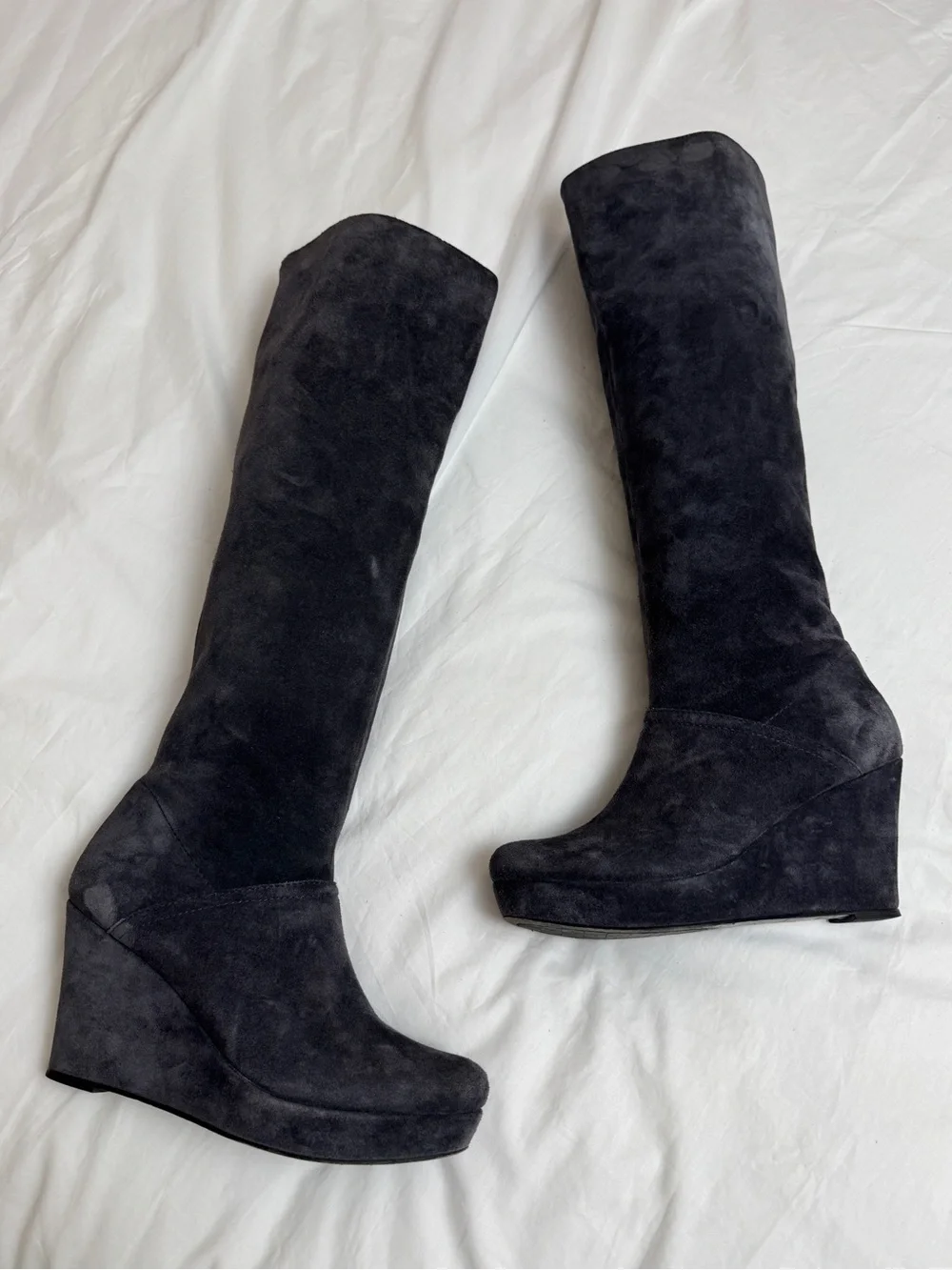 DVF Diane Von Furstenberg Grayish Blue Suede Wedge Knee High Boots Size 7.5 Plat